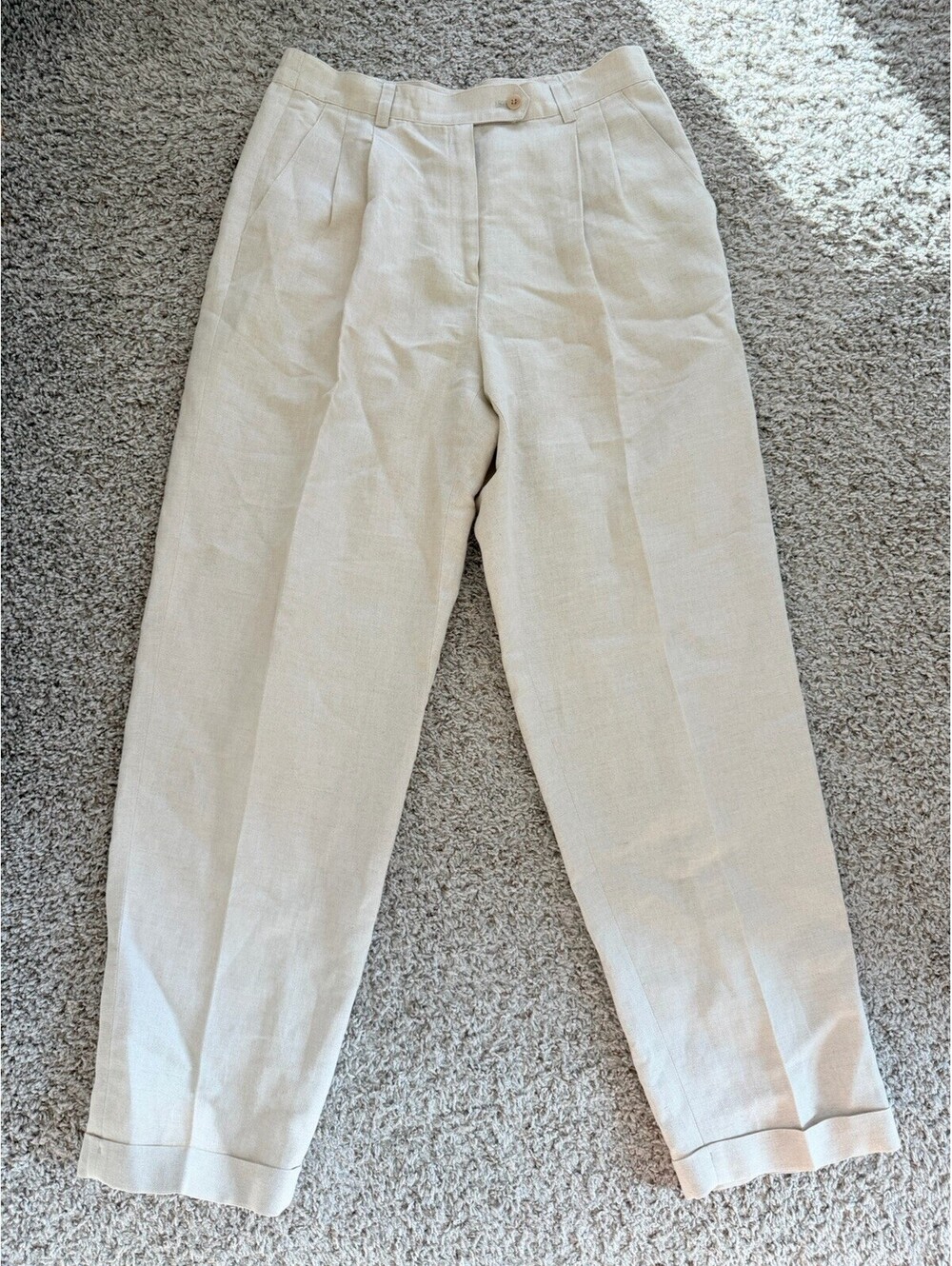 Vtg Linen Blend Trousers Women’s Size 10 Beige Pleated Front Straight Leg Luxury